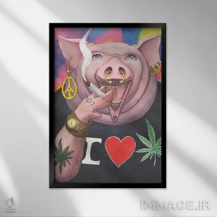 تابلو دکوراتیو خوک شکم گنده اثر کترین جی مک الروی - نمای قابدار مشکی