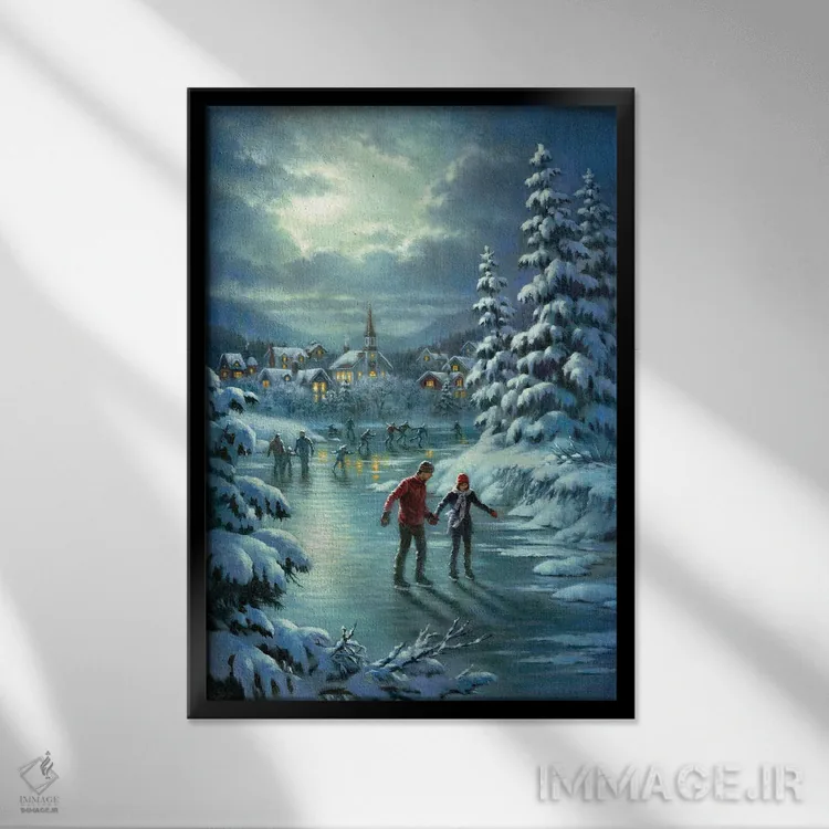 تابلو دکوراتیو اسکیت بازان در مهتاب اثر کربرت گوتیه - نمای قابدار مشکی