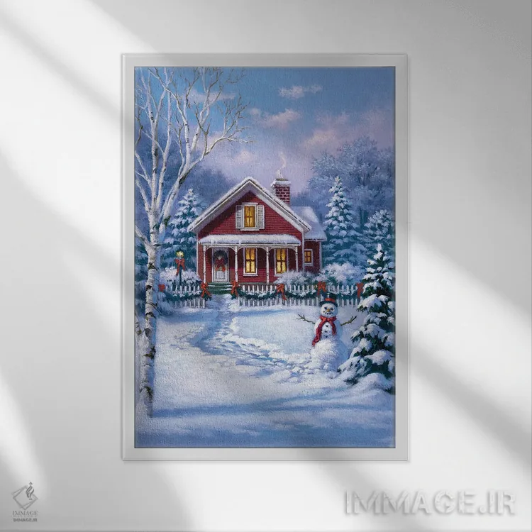 تابلو دکوراتیو خانه قرمز با آدم برفی اثر کربرت گوتیه - نمای قابدار سفید