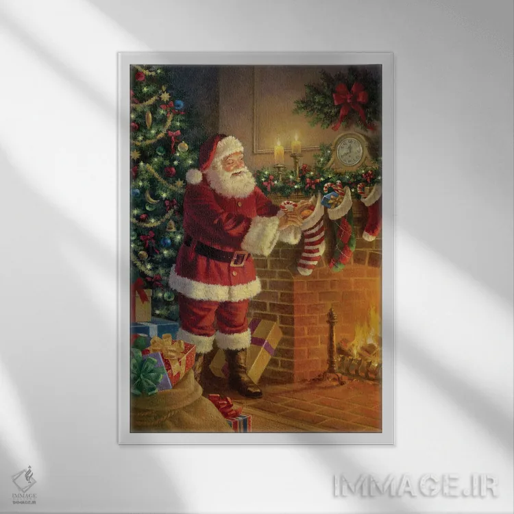 تابلو دکوراتیو بابانوئل کنار شومینه اثر کربرت گوتیه - نمای قابدار سفید