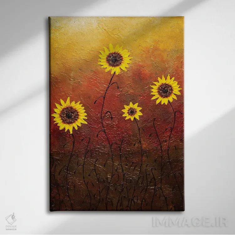 تابلو انتزاعی آفتابگردان ها اثر کارمن گودز - نمای روبهرو روی دیوار