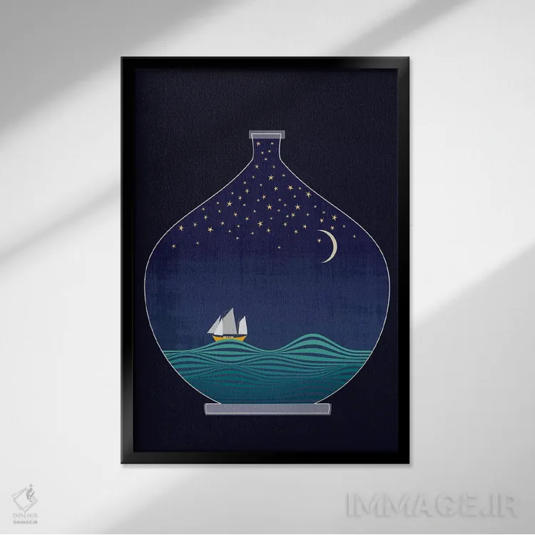 تابلو دکوراتیو کشتی در بطری اثر چایا شرادر - نمای قابدار مشکی