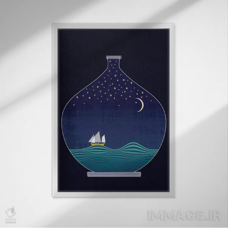 تابلو دکوراتیو کشتی در بطری اثر چایا شرادر - نمای قابدار سفید