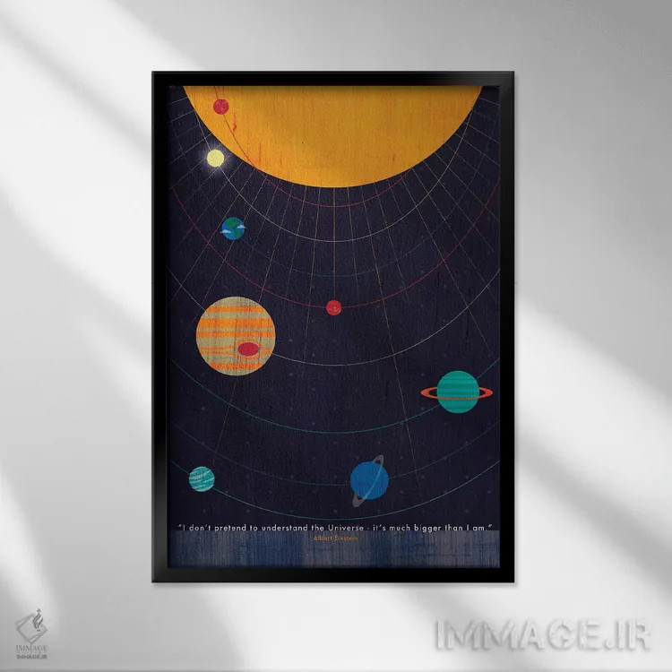 تابلو دکوراتیو نقل قول جهان اینشتین اثر چایا شرادر - نمای قابدار مشکی