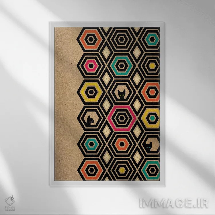 تابلو دکوراتیو گربه شش ضلعی اثر چایا شرادر - نمای قابدار سفید