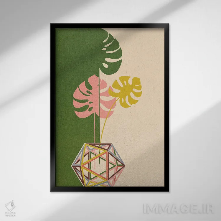 تابلو مینیمال برگ مانسترا در بیست وجهی اثر چایا شرادر - نمای قابدار مشکی