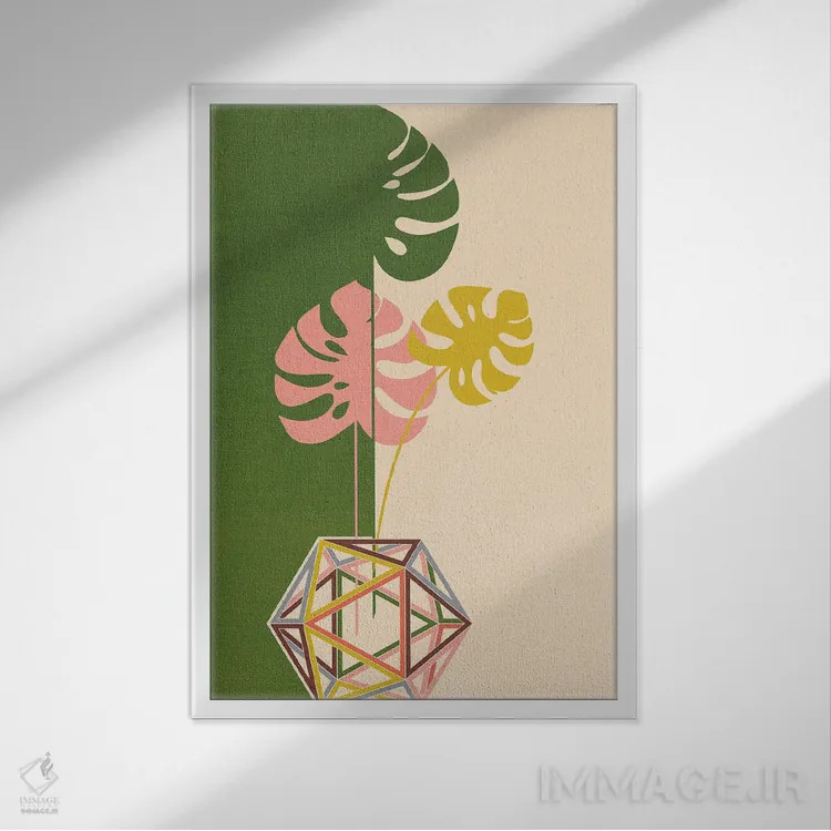 تابلو مینیمال برگ مانسترا در بیست وجهی اثر چایا شرادر - نمای قابدار سفید