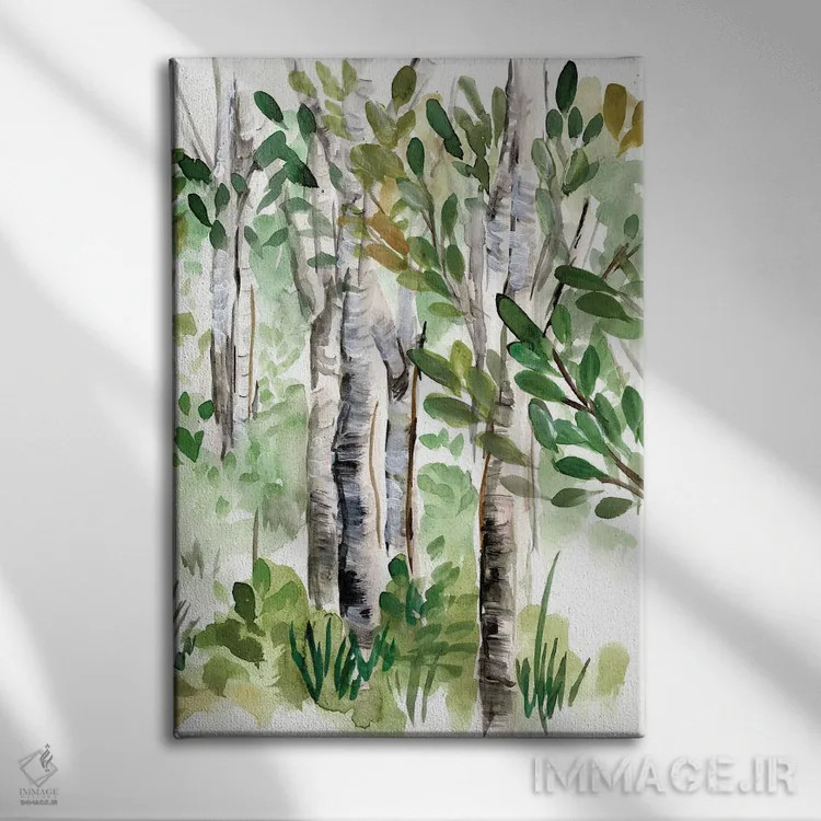 تابلو انتزاعی جنگل توس ۲ اثر مارسی چپمن - نمای روبهرو روی دیوار