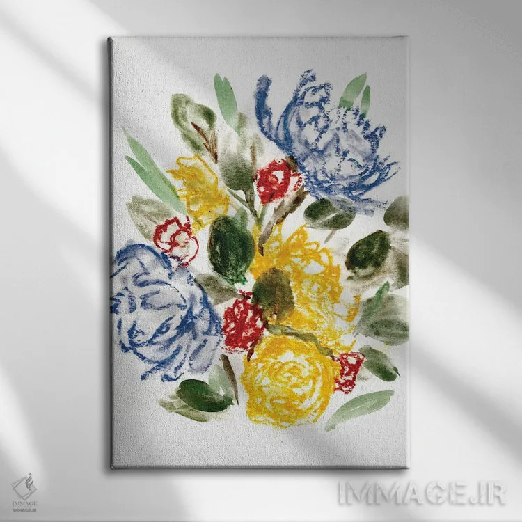 تابلو مینیمال آبی گچی و زرد ۱ اثر مارسی چپمن - نمای روبهرو روی دیوار