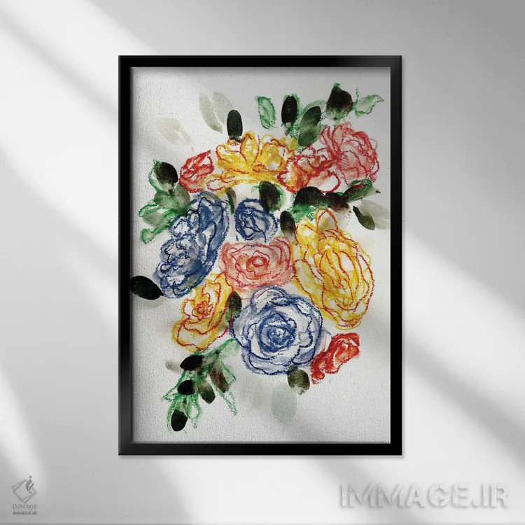 تابلو مینیمال آبی گچی و زرد ۲ اثر مارسی چپمن - نمای قابدار مشکی