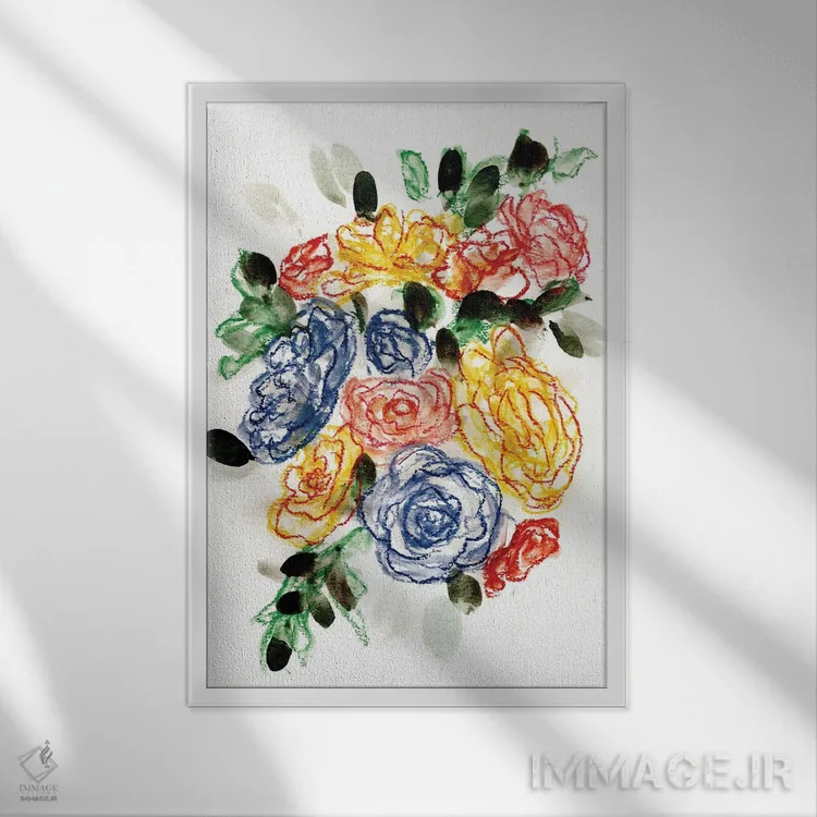 تابلو مینیمال آبی گچی و زرد ۲ اثر مارسی چپمن - نمای قابدار سفید