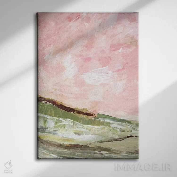 تابلو انتزاعی تپه های سبز و صورتی ۱ اثر مارسی چپمن - نمای روبهرو روی دیوار