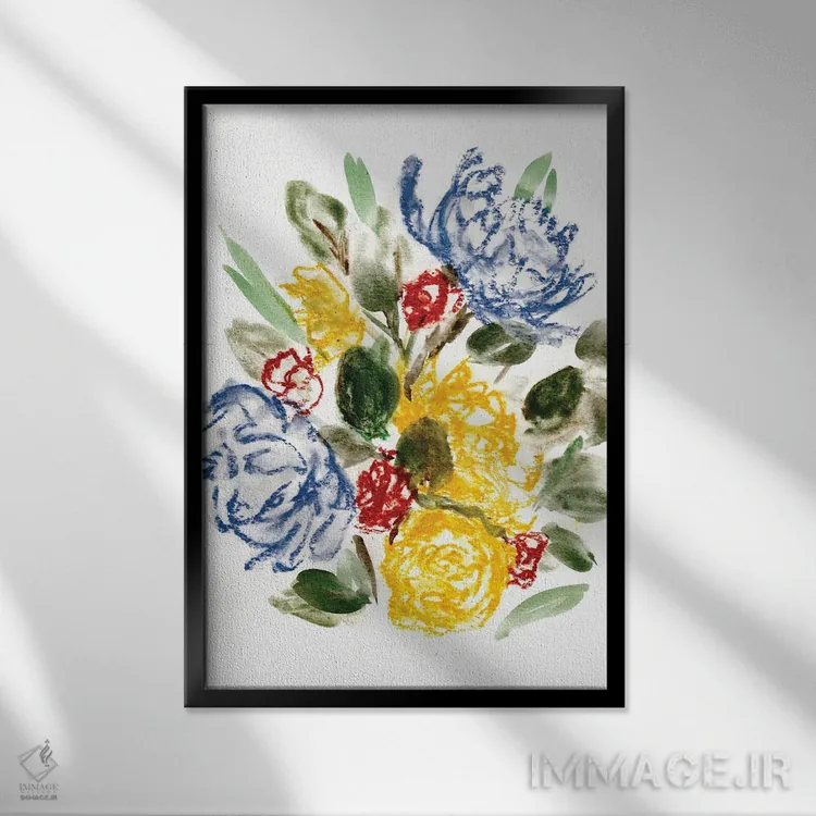 تابلو مینیمال آبی گچی و زرد ۱ اثر مارسی چپمن - نمای قابدار مشکی