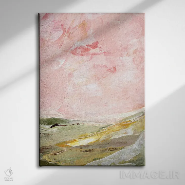 تابلو انتزاعی تپه های سبز و صورتی ۲ اثر مارسی چپمن - نمای روبهرو روی دیوار