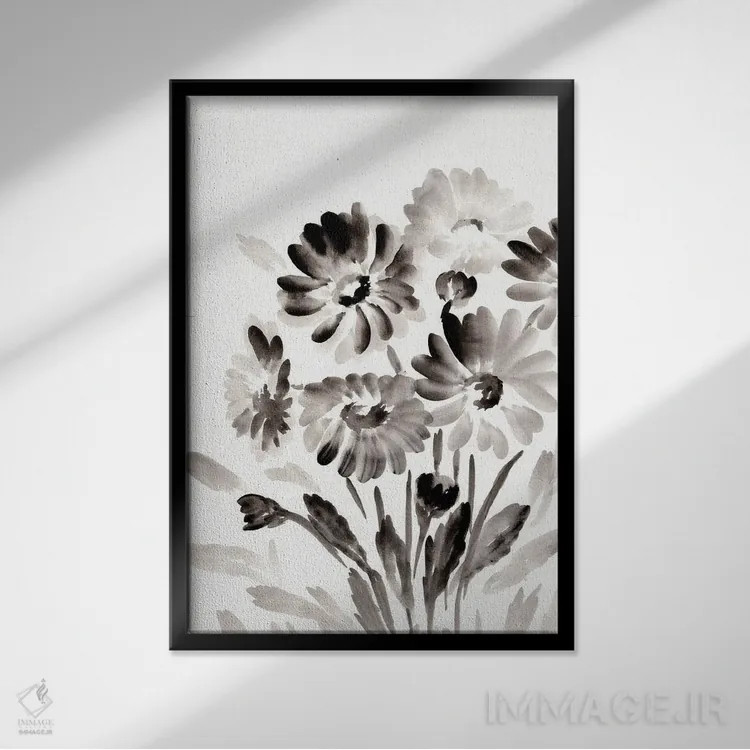 تابلو مینیمال بابونه های مشکی ساده اثر مارسی چپمن - نمای قابدار مشکی