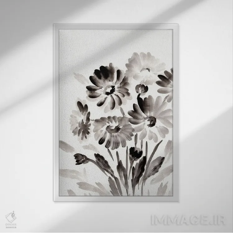 تابلو مینیمال بابونه های مشکی ساده اثر مارسی چپمن - نمای قابدار سفید