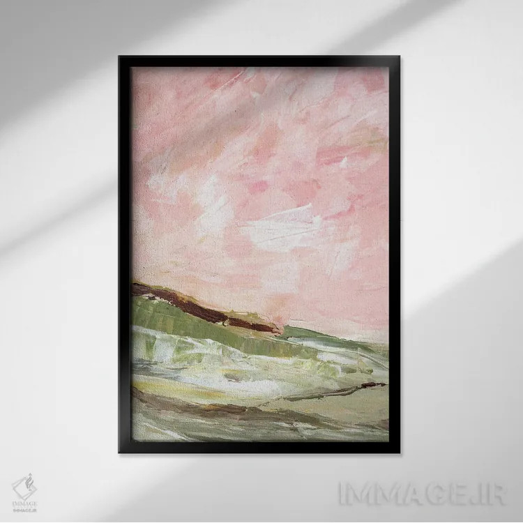 تابلو انتزاعی تپه های سبز و صورتی ۱ اثر مارسی چپمن - نمای قابدار مشکی