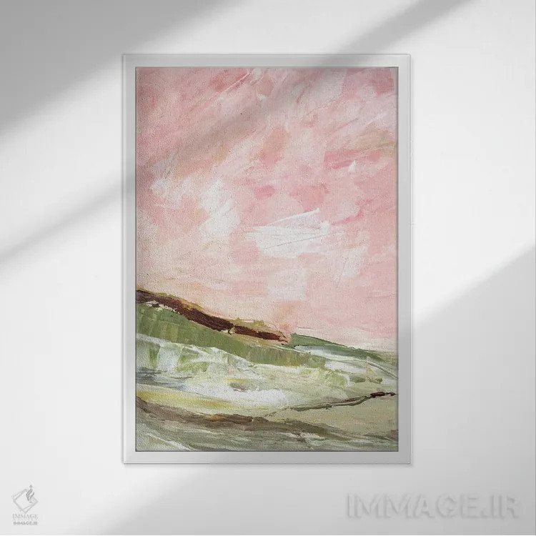 تابلو انتزاعی تپه های سبز و صورتی ۱ اثر مارسی چپمن - نمای قابدار سفید