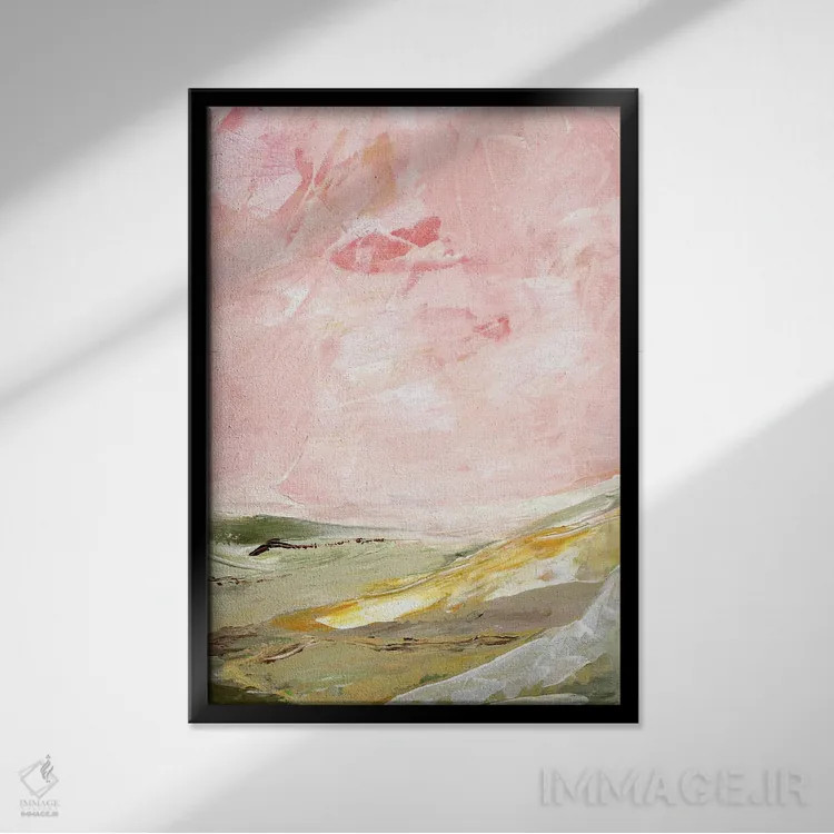 تابلو انتزاعی تپه های سبز و صورتی ۲ اثر مارسی چپمن - نمای قابدار مشکی