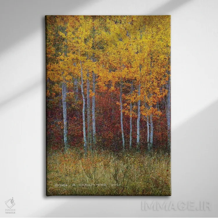 تابلو دکوراتیو جنگل سپیدار پاییزی سمت چپ اثر کریستوفر وست - نمای روبهرو روی دیوار