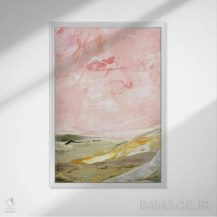 تابلو انتزاعی تپه های سبز و صورتی ۲ اثر مارسی چپمن - نمای قابدار سفید