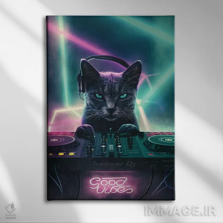 تابلو دکوراتیو گربه دی جی اثر آدام کازینز - نمای روبهرو روی دیوار