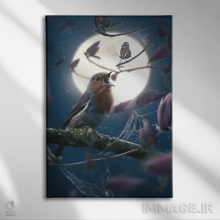 تابلو دکوراتیو پروانه و فنچ اروپایی اثر آدام کازینز - نمای روبهرو روی دیوار