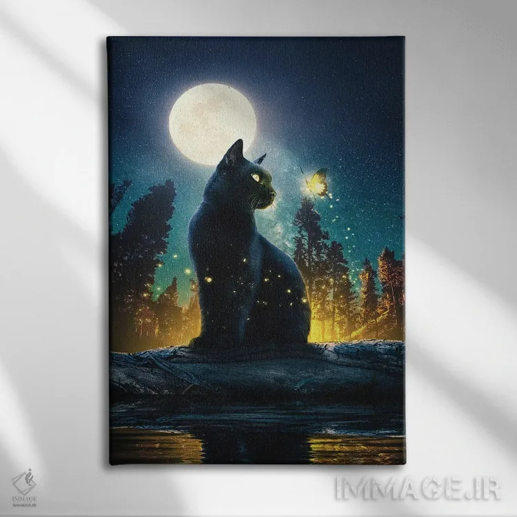 تابلو دکوراتیو گربه سیاه در جنگل جادویی اثر آدام کازینز - نمای روبهرو روی دیوار