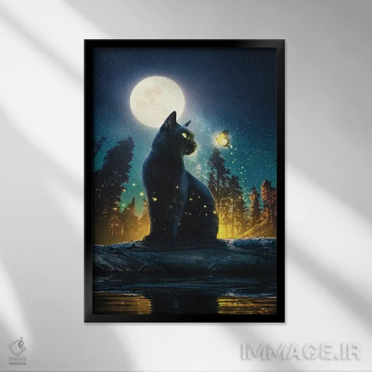 تابلو دکوراتیو گربه سیاه در جنگل جادویی اثر آدام کازینز - نمای قابدار مشکی