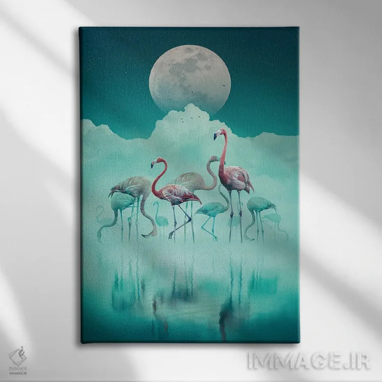تابلو دکوراتیو فلامینگوها در مه اثر آدام کازینز - نمای روبهرو روی دیوار