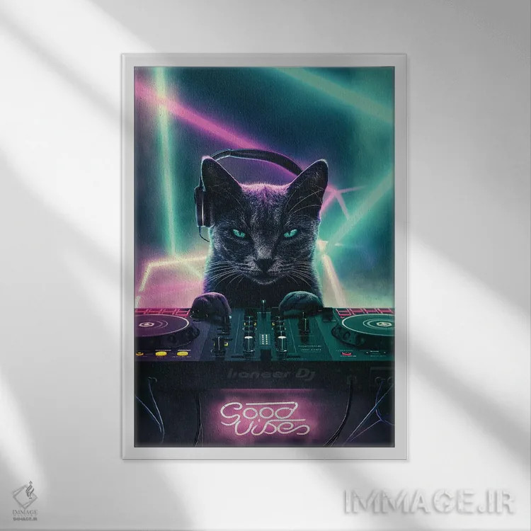 تابلو دکوراتیو گربه دی جی اثر آدام کازینز - نمای قابدار سفید