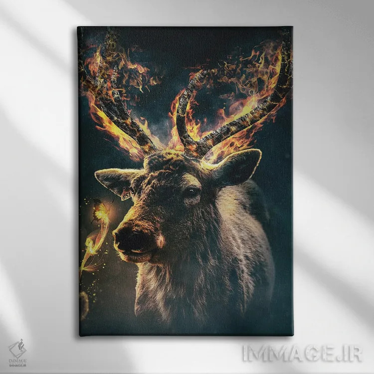 تابلو دکوراتیو گوزن آتشین اثر آدام کازینز - نمای روبهرو روی دیوار