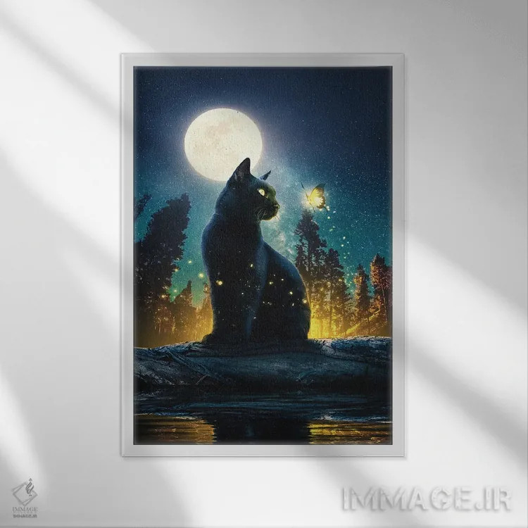 تابلو دکوراتیو گربه سیاه در جنگل جادویی اثر آدام کازینز - نمای قابدار سفید
