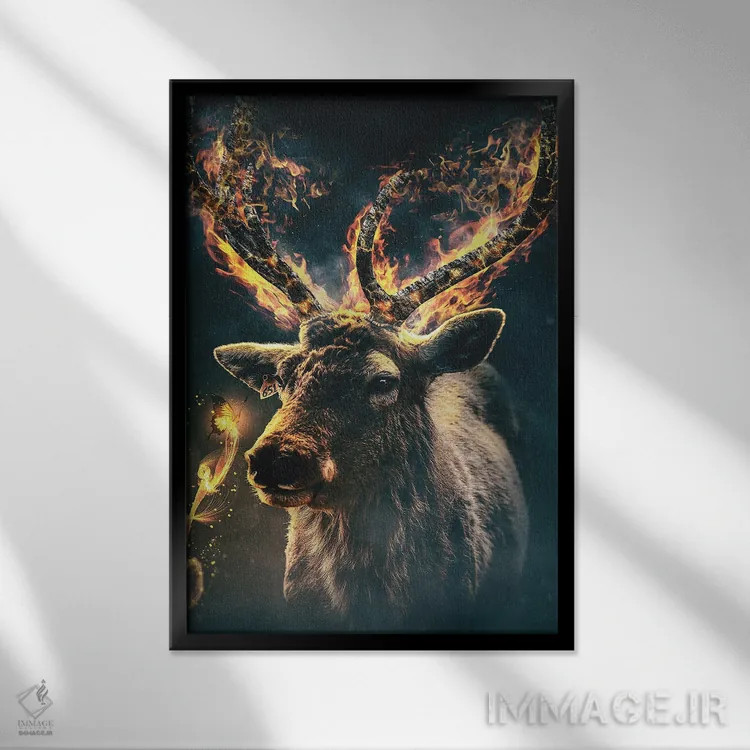 تابلو دکوراتیو گوزن آتشین اثر آدام کازینز - نمای قابدار مشکی