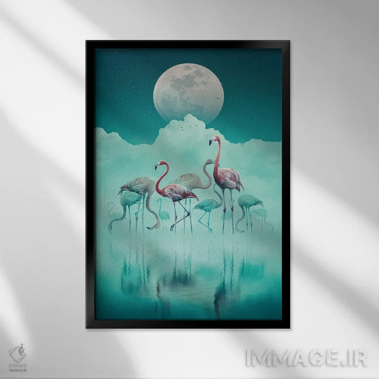 تابلو دکوراتیو فلامینگوها در مه اثر آدام کازینز - نمای قابدار مشکی