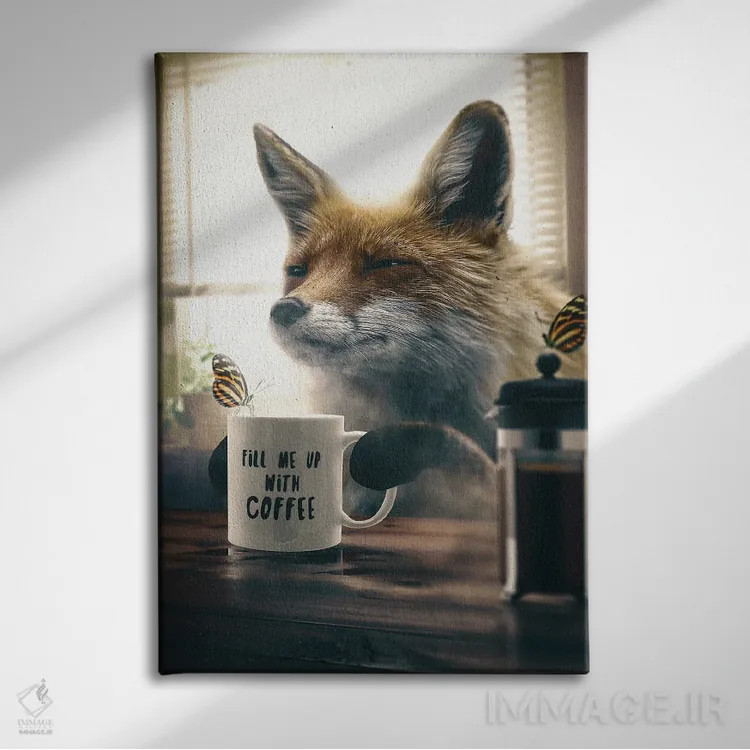 تابلو دکوراتیو روباه با قهوه اثر آدام کازینز - نمای روبهرو روی دیوار