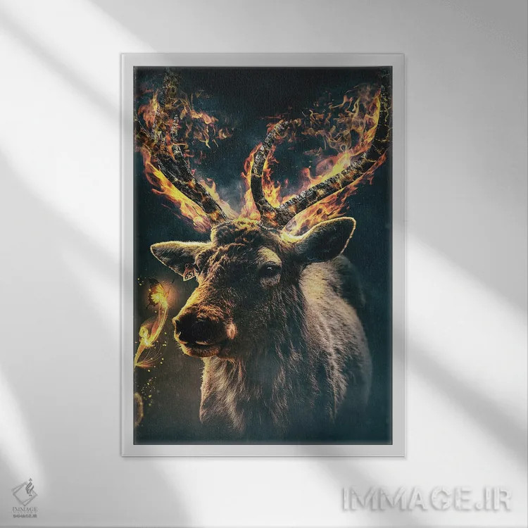 تابلو دکوراتیو گوزن آتشین اثر آدام کازینز - نمای قابدار سفید