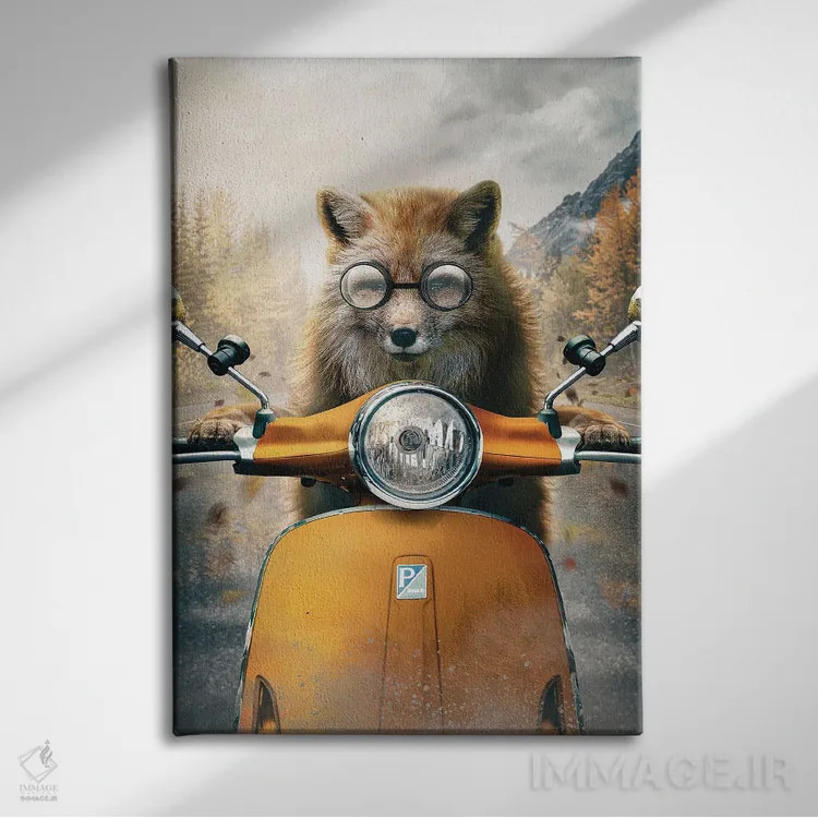 تابلو دکوراتیو روباه با موتورسیکلت کوچک اثر آدام کازینز - نمای روبهرو روی دیوار