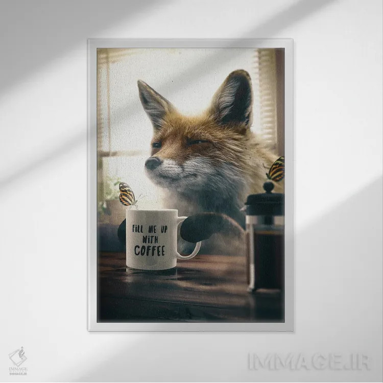 تابلو دکوراتیو روباه با قهوه اثر آدام کازینز - نمای قابدار سفید