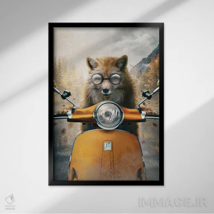 تابلو دکوراتیو روباه با موتورسیکلت کوچک اثر آدام کازینز - نمای قابدار مشکی
