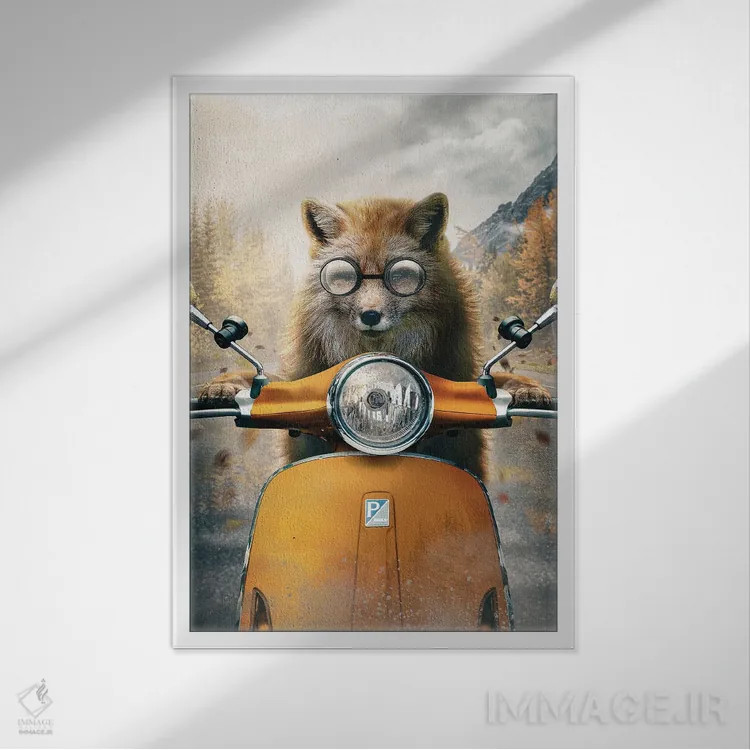 تابلو دکوراتیو روباه با موتورسیکلت کوچک اثر آدام کازینز - نمای قابدار سفید