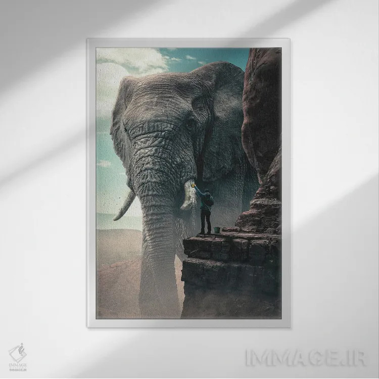 تابلو دکوراتیو فیل غول پیکر اثر آدام کازینز - نمای قابدار سفید