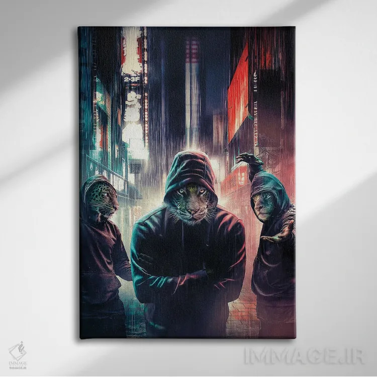 تابلو دکوراتیو گربه های کلاه دار اثر آدام کازینز - نمای روبهرو روی دیوار