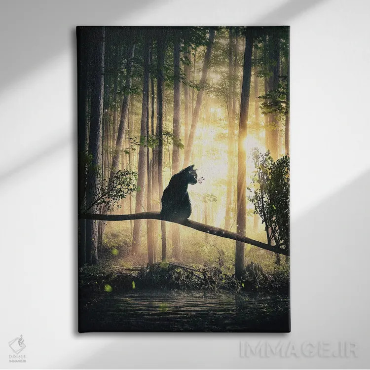 تابلو دکوراتیو گربه مشکی در جنگل اثر آدام کازینز - نمای روبهرو روی دیوار