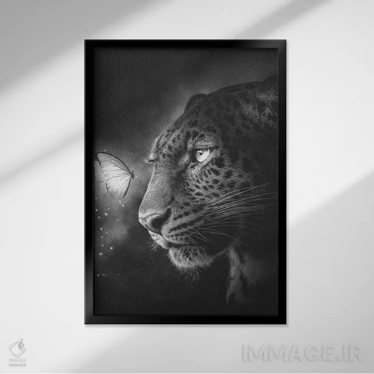 تابلو دکوراتیو پلنگ خالدار و پروانه اثر آدام کازینز - نمای قابدار مشکی