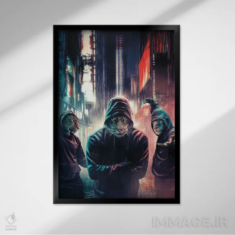 تابلو دکوراتیو گربه های کلاه دار اثر آدام کازینز - نمای قابدار مشکی