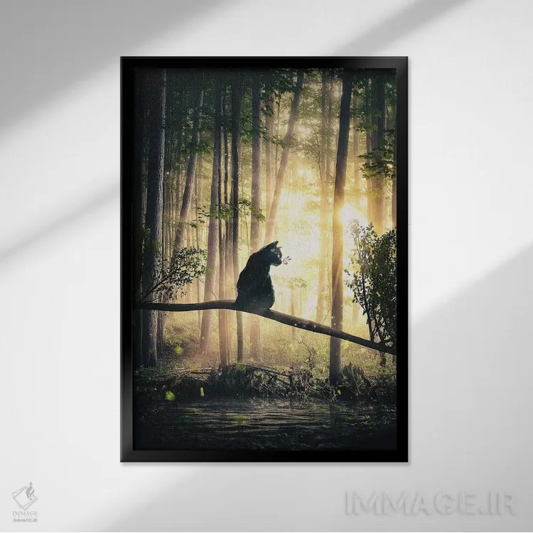 تابلو دکوراتیو گربه مشکی در جنگل اثر آدام کازینز - نمای قابدار مشکی