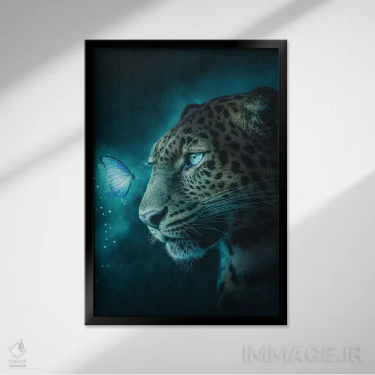 تابلو دکوراتیو پلنگ خالدار و پروانه اثر آدام کازینز - نمای قابدار مشکی