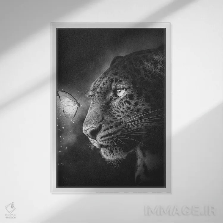 تابلو دکوراتیو پلنگ خالدار و پروانه اثر آدام کازینز - نمای قابدار سفید