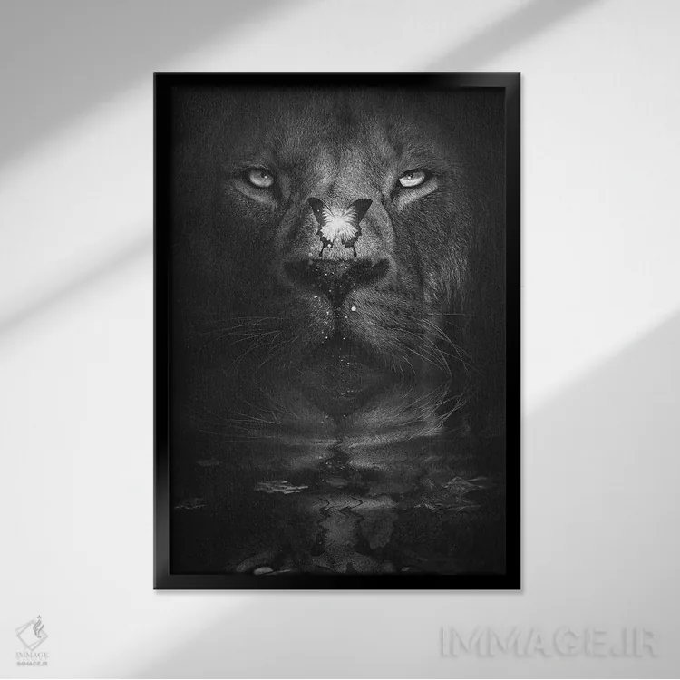 تابلو دکوراتیو شیر و پروانه اثر آدام کازینز - نمای قابدار مشکی
